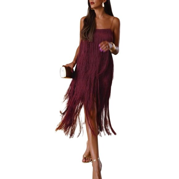 Commense Dresses & Skirts - NWT Commense Women's Florence Burgundy Fringe Tassel Dress Size XS
